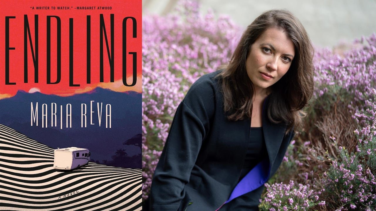 A composite image of a book cover depicting a trailer car on striped land with mountains in the background, alongside a black and white headshot of a woman.