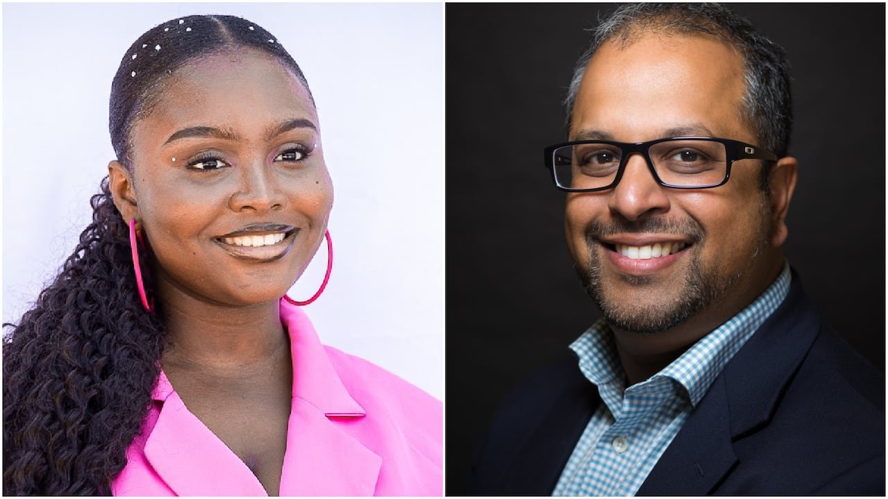 A composite of two portraits: a smiling young woman with long, tied-back hair wearing a pink blazer and a man with glasses wearing a dark blazer.