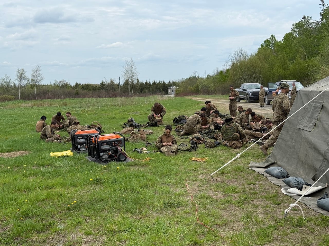 default-46 About a dozen men in military fatigues are sitting on the grass.